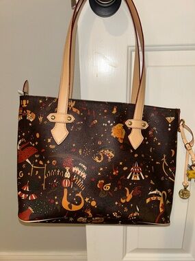 Piero Guidi Brown Printed Tote with Tan Handles and Multicolor Circus Motif